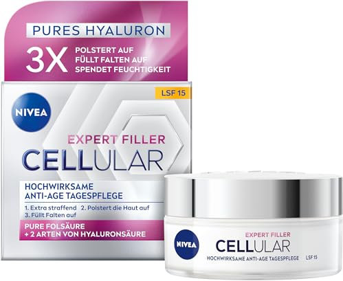 NIVEA Cellular Expert Filler Hochwirksame Anti-Age Tagespflege LSF 15, extra straffende Gesichtspflege mit Auffüllungseffekt, aufpolsternde Tagescreme mit Hyaluronsäure & Sonnenschutz (50 ml)