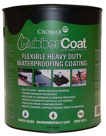CROMAR – RubberCoat High-Performance Waterproof Coating | Flexible Heavy Duty Roof Waterproofing Coating Sealant for Concrete – Masonry – Wood – Brick – Metal Foam And More | Black – 3.78L