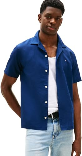 Tommy Hilfiger Men’s Short Sleeve Linen Blend Shirt, Blue (Carbon Navy), XL