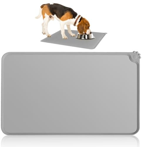Tapis de Bol en Silicone Antiadhésif pour Chats et Chiens, Tapis Gamelle Tapis Alimentation Animaux Facile Nettoyer Contre Éclaboussures Salissures Imperméable et Antidérapant - Gris Clair, 48 X 30CM
