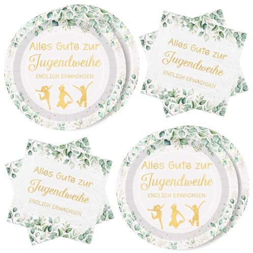 WenmthG 40 Stück Servietten Pappteller Jugendweihe Deko für Junge Mädchen - Eukalyptus mit Spruch Alles Gute zur Jugendweihe - Servietten 3-Lagige weich, Pappteller wasserdicht
