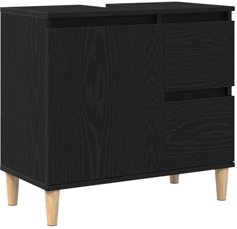 vidaXL Schwarzer Eichenwaschtisch mit 4 Stauraumfächern & 2 Schubladen Massivholz Minimalistischer Stil Für den Innenbereich Möbel Lösungen Makeup Pflegebereich Holz Modern