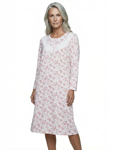 Zeitlos Nachthemd Damen Langarm Helene mit Chrysanthemen M-6XL Schlafshirt kleine Knopfleiste mit Raffung an der Brust