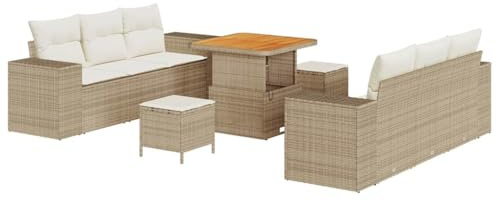 vidaXL 9-teiliges Garten-Sofa-Set mit Kissen in Beige aus Poly Rattan und einem Teak-Tisch – perfekte Sitzmöbel fürs Outdoor, für die Terrasse und zum Entspannen im Frühling und Sommer.