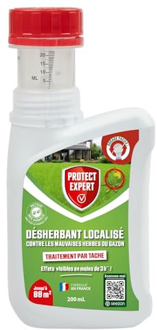 PROTECT EXPERT Désherbant Concentré Localisé Contre Les Mauvaises Herbes Du Gazon - 200ml - Soit 88m² - Non Sélectif - Bidon Doseur DG200N
