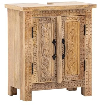 Woodkings Waschbeckenunterschrank Santa Cruz I Badschrank 52 cm breit aus Mangoholz Natur | Badmöbel Rustikal & Modern | Waschtischunterschrank für Aufsatzwaschbecken mit Siphonausschnitt