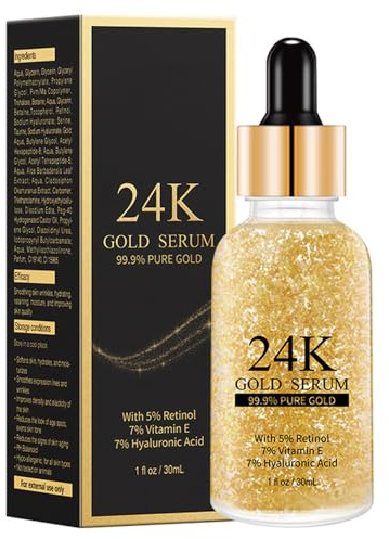 24k Gold Face Serum, 24k Golden Serum with Retinol, Vitamin E,Hyaluronic Acid, Facial Serum For Repair, Deep Moisturizing, 99.9% Pure Gold Anti Aging Serum For Face, Suitable For All Skin Types, 30ml