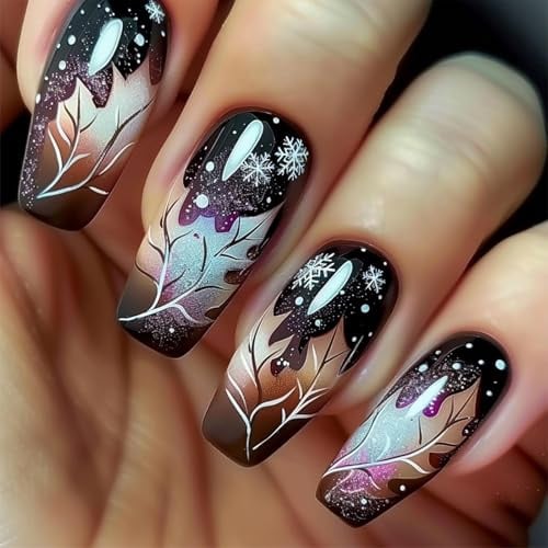 Nymora 24pcs Kleine Quadratische Press On Nails, Fake Nails mit Werkzeugset - Kunstnägel zum Aufkleben für Frauen und Mädchen, Schneeflocken und Blätter Design, Perfekt für Herbst und Winter