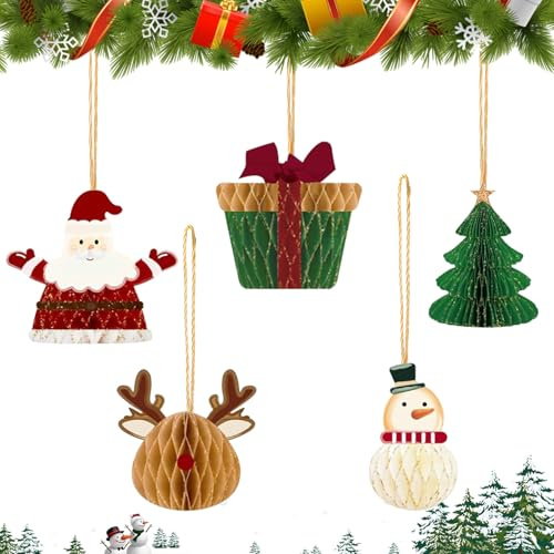 5 Stück Weihnachten Hängende Dekorationen,Papier Weihnachtsbaum Deko,Papierwaben Weihnachtsschmuck Hängende Dekorationen,Christbaumschmuck Weihnachtsdeko
