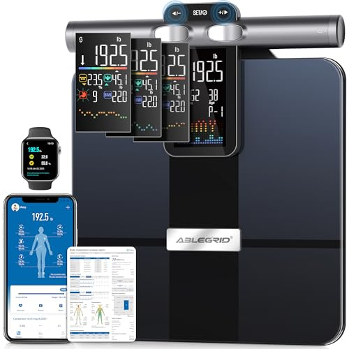 ABLEGRID Digitale Personenwaage für Körpergewicht, 8-Elektroden-Ganzkörperanalysator, intelligente Körperfettwaage mit Gradiententrend-Bildschirm, 31 cm Plattformgriff, Wiegemaschine, Viszeralfett