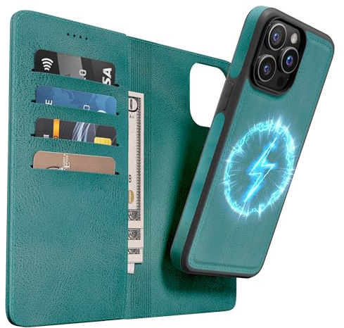 OASISBLUE Handyhülle für iPhone 14 Pro Max Hülle, [2-in-1 Magnetisch Abnehmbar] Kabelloses Laden Kompatibel Stoßfest Schutzhülle PU Leder Klapphülle - blaugrün