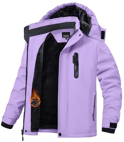 HotPoem Boys Winter Coat Jackets Snow Suit for Kids Cold Weather Fleece Warm Waterproof Insulated Softshell Ski Snowboard Jackets for Girls Windproof with Zip Pockets Hoode Purple 14-16