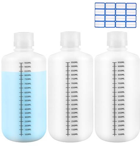 qjuwhua 3 Stück Reagenzflaschen 1000ml Schmalhalsige Flasche mit Skala Plastikflaschen 1L Laborflasche Versiegelt Auslaufsicher Durchscheinend PP-Flasche für Labor Schule Hause Reisefläschchen