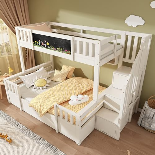 RIAZOS Etagenbett für 3 Kinder, 90x200 & 140x200 cm, Kinderbett mit 2 Schubladen und 4 Stauraumtreppe, mit Staufach, Stockbett Hochbett Jugendbett, Weiß, ohne Matratze