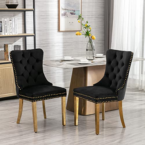Chaise De Salle À Manger Moderne, en Velours Côtelé, avec Pieds en Acier Inoxydable Doré, Dossier Haut Et Clous De Rivet, Set De 2, Noir Et Or