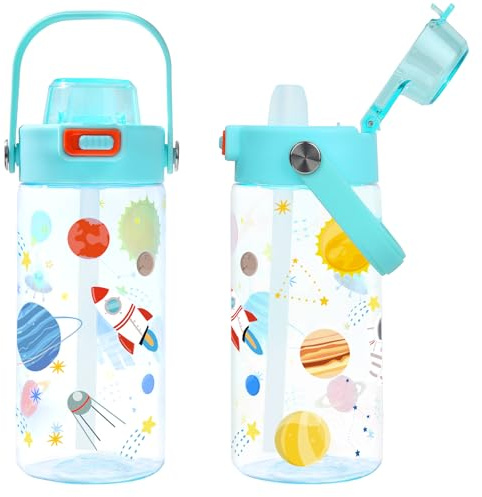 Queenshin Botella de Agua Niños con Pajita 600ml, a Prueba de Fugas, Sin BPA, Deportiva Botella para Escuelas Exterior(Cohete Espacial)