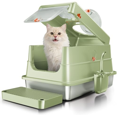 Fusblom Stainless Steel Cat Litter Tray, Enclosed Cat Litter Box with Lid | High Sided Metal Litter Pan, Leak-Proof, Odor-Free&Non-Stick, Easy to Clean, Included Scoop & Pedal- Green, Large