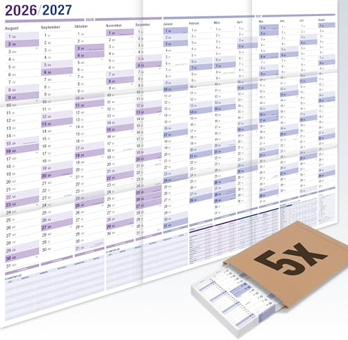 5er-Pack - Yohmoe® XXL Wandkalender 2026 2027 im Format 98x68 cm, gefalzt. | Kalender, Schulkalender, Schuljahresplaner & Wandplaner Schuljahr 26/27 für Lehrer, Schüler, Büro, Homeoffice. Gefalzt.