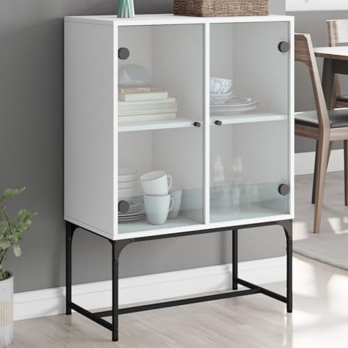 LoogCape Armoire d'appoint avec portes en verre - Blanc - 69 x 37 x 100 cm - En bois - Rangement pour salon, salle à manger, couloir, chambre à coucher, cuisine, bureau - Idéal pour le rangement et la