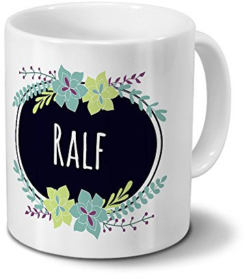 printplanet Tasse mit Namen Ralf - Motiv Flowers - Namenstasse, Kaffeebecher, Mug, Becher, Kaffeetasse - Farbe Weiß