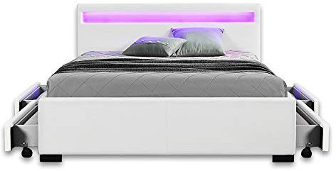 LED Leder Bett Amsterdam WEISS modernes Bett mit LED-Beleuchtung + inklusive Lattenrahmen / Lattenrost + mit praktischer Bettkasten / Schubladen Stauraum Polsterbett Jugendbett günstig (140x200 cm)