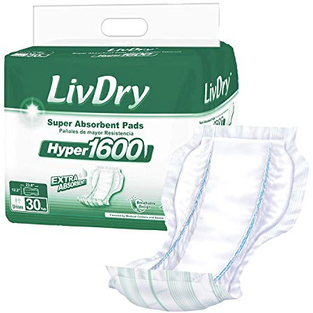LivDry High Absorbency Pad Insert for Incontinence Briefs and Adult Diapers, Women and Men, Hyper 1600 (30 Count)