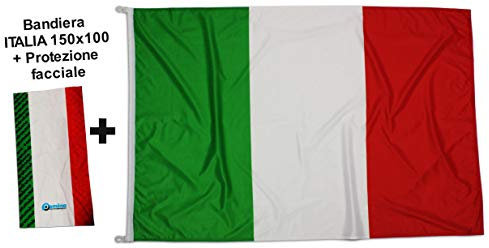 Bandiera Italiana + Bandana Tubolare Bandiera Italia 150x100 Centimetri Tessuto Nautico Antivento 115 gram/m², Bandiera d'Italia Con Cordini o Ganci, Doppia Cucitura Perimetrale, Fettuccia Di Rinforzo