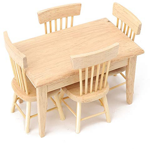 1:12 Dollhouse Miniatur Simulierter Tischstuhl,Esszimmerstuhl Holzmöbelset Mini Möbel Modell Spielzeug Zubehör (Holzfarbe)(Table and Chair Set)