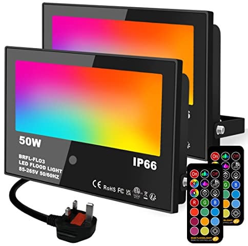 LED Floodlight Outdoor 50W, RGB Colour Changing Flood Lights, Timed, Dimmable Wall Washer Garden Party Stage Light, IP66, UK3-Plug (2 Pack)