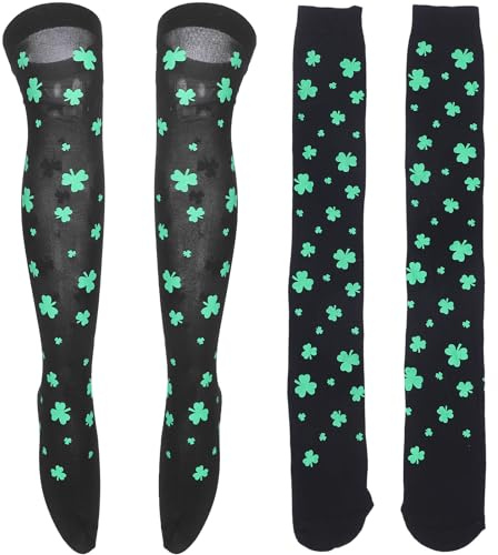 VALICLUD 2 Paare St. Patricks Tag über Kniestrümpfe Irish Shamrock Bein Strümpfe Glück Klee Socken St Patricks Tag Phantasie Kobold Kleid Kostüm für Frauen Mädchen Grün