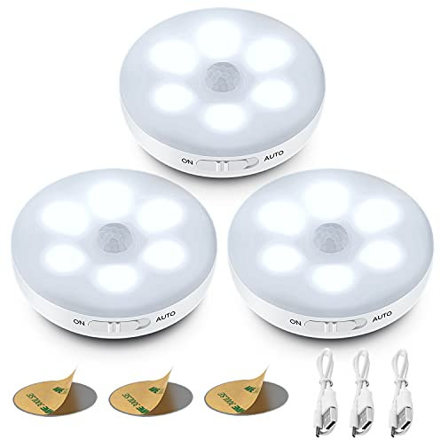ICEKO KN 3-Pack Luces Nocturna LED con Sensor Movimiento a Pilas, USB Recargable con 3 Modos, Luz Adhesiva para Armarios,Pasillo, Escalera, Sótano, Cocina(Blanco)