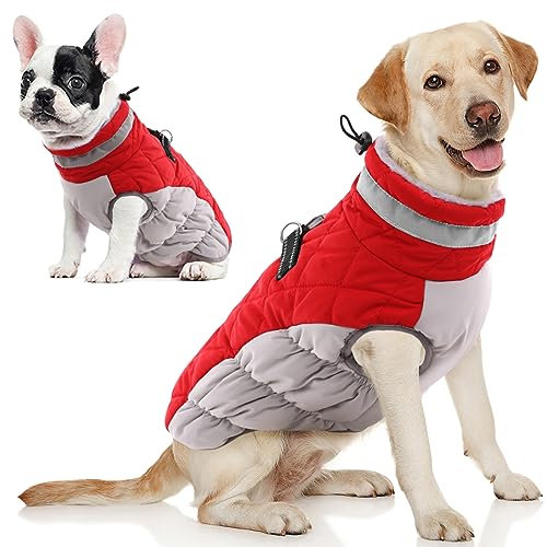 AOFITEE Wintermantel für große Hunde, Wasserdicht Hundemantel Hundejacke Mittelgroße Hund mit Geschirr, Winddichter Winter Hunde Jacket mit Reißverschluss, Outdoor Hundebekleidung, Weihnachtsrot L