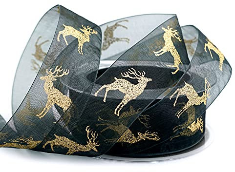 finemark 20 m x 40 mm Chiffonband Hirsch Schwarz Gold Geschenkband glänzend Dekoband transparent Chiffon Schleifenband Stoffband Deko Geschenkverpackung Glitzer Band Herbst Winter Weihnachten Advent