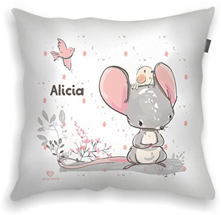 wolga-kreativ personalisiertes Kissen Maus 40x40 cm – Kuschelkissen mit Namen & süßen Kindermotiven – Geschenk zur Geburt, Taufe & Geburtstag – Namenskissen Bedrucken – Flauschiges Babykissen