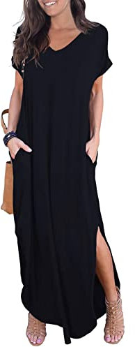 GRECERELLE Women Maxi Long Dress Summer Casual Beach Boho Short Sleeve V Neck Maxi Dresses with Pocket (Black, XL)