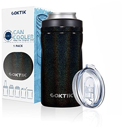 COKTIK Enfriador de latas aislado 5 en 1, enfriador de latas delgado de pared Doublae para latas regulares o delgadas de 12 onzas y botellas de cerveza (brillo negro)