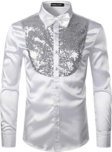 PARKLEES Herrenhemd aus glänzendem seidenähnlichem Satin, langärmelig, für Party, Disco, Abschlussball, L