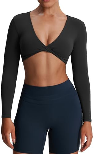 Aoxjox Long Sleeve Crop Tops for Women Sienna Twist Deep V Workout Cropped T Shirt Top, A Black, S