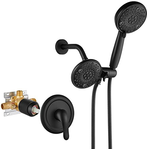 Aolemi Duschsystem Matt Schwarz Dual 2in1 Funktion Regen 8 Einstellungen Duschkopf und 8 Einstellungen Handbrause 3 Wege Umsteller Duschverkleidung Kit Druckausgleich Rauventil Inklusive