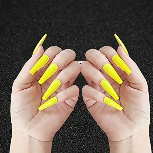 Allereya super long coffin faux ongles ballerina jaune presse sur les ongles clip de fête de bal sur les ongles super long couvercle en acrylique ongles art pour femmes et filles 24pcs (jaune)