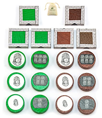 Waldfelsen® Spielfiguren aus Holz - 12 Ritter und 6 Stadtmauern inkl. Aufkleber in grün und braun geeignet für die 5-6 Spieler Ergänzung der Erweiterung Städte und Ritter von Die Siedler