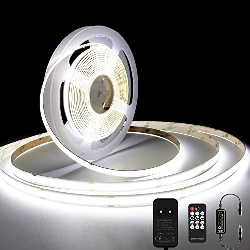 TTWAY COB LED Streifen Kaltweiß 6000K, 10M Dimmbares DC24V Flexibles COB LED Streifen Licht Set, 384LEDs/M, GS Netzteil und RF Fernbedienung, CRI90+ Helle Schrankleuchte für DIY Dekoration
