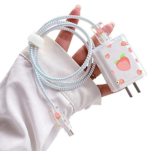 DiyGody Niedliche Ladegerät Schutzkabel Kabelschutz Set Kompatibel mit iPhone, Datenleitung Draht Bisse Saver USB Ladekabelschutz mit Obst Pfirsich Muster für Mädchen, Anti-Breaking von Hunden Katzen