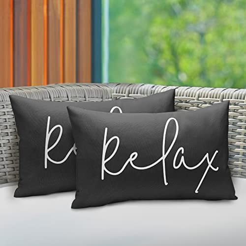 Lewondr Outdoor Kissenbezug, 2er Pack Wasserdicht Kissenhülle mit Relax Drucken, UV Schutz Polyester Zierkissenbezug mit PU Beschichtung für Sofa Stuhl Garten Lounge(30x50cm), Schwarz
