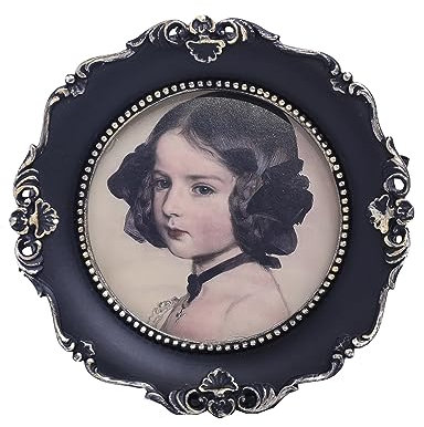 SIKOO Kleine runde Bilderrahmen, Vintage-Bilderrahmen, 7,6 x 7,6 cm, Antik-Mini-Bilderrahmen, kunstvolle Bilderrahmen, Collage, Wandhalterung und Tischplatte, geprägtes Blumenmuster, Schwarz