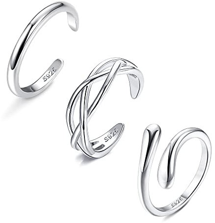 Sllaiss 925 Sterling Silber Zehenring für Frauen 3 Stücke Band Zehenring Set Weißgold Verstellbar Zehenringe Knoten Stern Mond Öffnen Zehenring Sommer Fußschmuck Set A