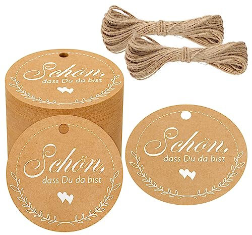 G2PLUS SCHÖN DASS DU DA BIST Geschenkanhänger, Runden Hochzeit Anhänger für Gastgeschenke, Braun Papieretiketten Anhänger mit Schnur für Gastgeschenke zur Hochzeit