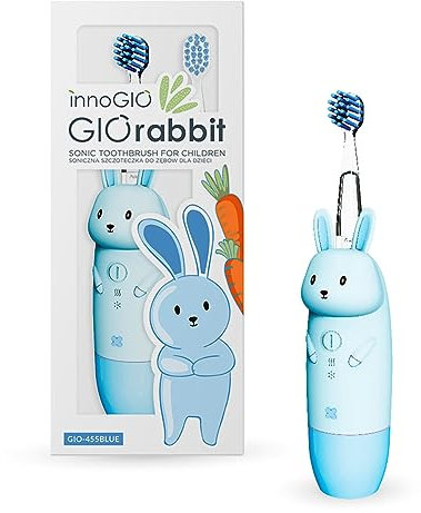 innoGIO Cepillo de Dientes Eléctrico Infantil GIOrabbit - 7 Colores LED, Mango Silicona, 4 Modos, Temporizador 2 min, Apto Niños entre 2 y 12 años, Azul, Pila AAA no incluida (Cabezal Interc Incluido)