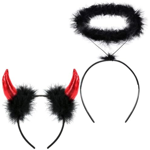Bluelves 2pcs Karneval Haarreifen,Teufelshörner Rosa + Heiligenschein Engel Schwarz,Teufelsohren Haarband und Gefallener Engel,Haarschmuck Kostüm für Halloween Fasching Party