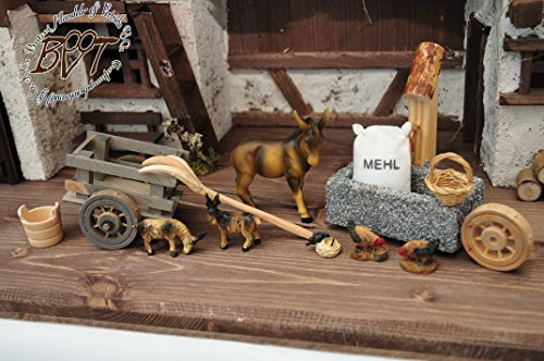 ÖLBAUM BTV Deko-und Tierfiguren für 9 cm Krippenfiguren + Stallkrippe-KOMPLETT-Deko-Set groß für Krippenstall-Weihnachtskrippe, SKR MIT HÜHNERSTALL + BRUNNEN XXL Deko für Krippenstall, 15-TLG.